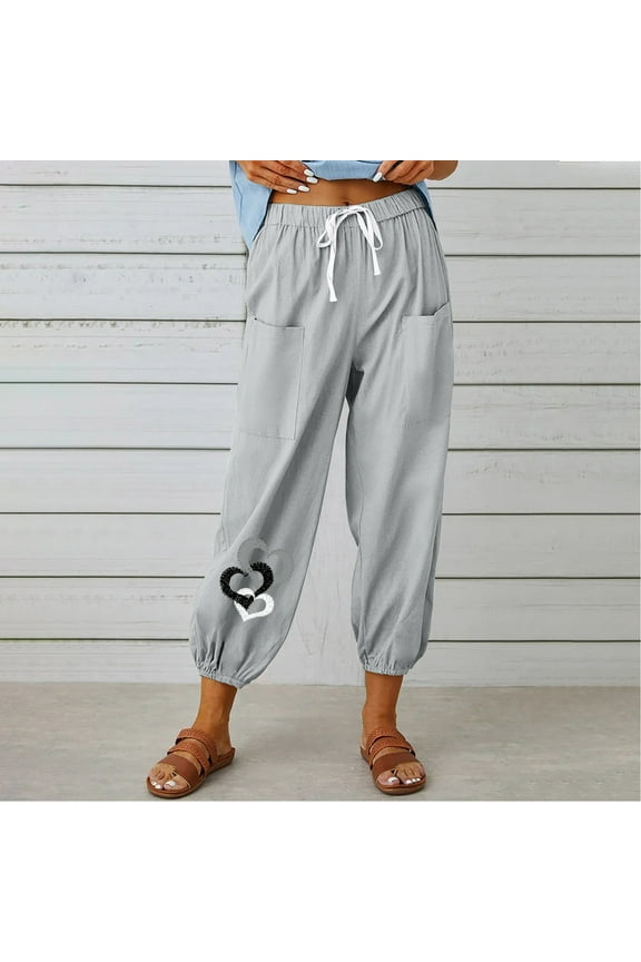 Casual Pants for Women Cotton Linen Gray Cuffed Drawstring Heart Print Slacks Dress Pants Women XXL