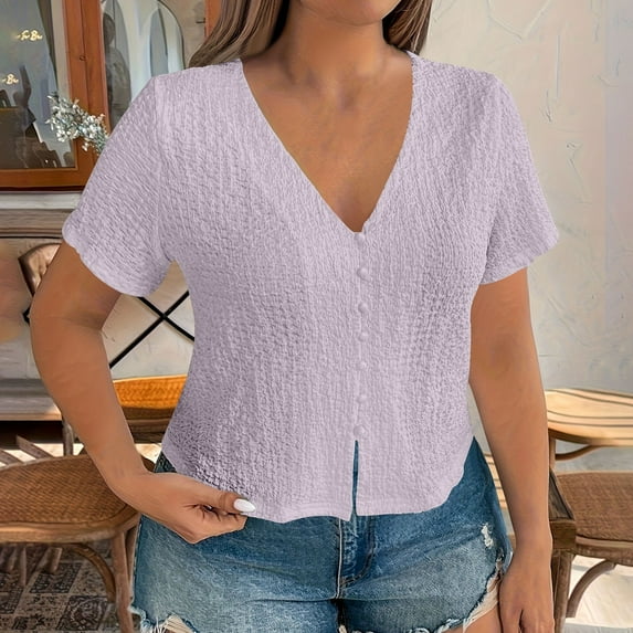 Ayolanni Casual Shirts for Women Dressy Ribbed Knit V-Neck Short Sleeve ...