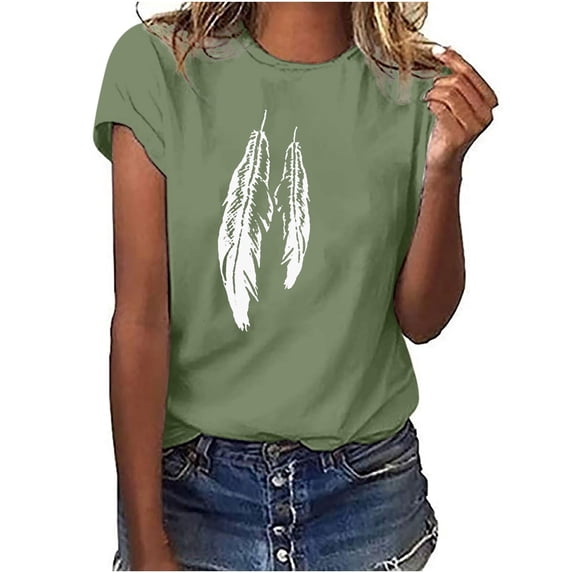 Ayolanni Casual Summer Shirts for Women Short Sleeve Scoop Neck Tunic Feather Print Blouse Daily Oversized Shirts Womens Spring Tops Green L