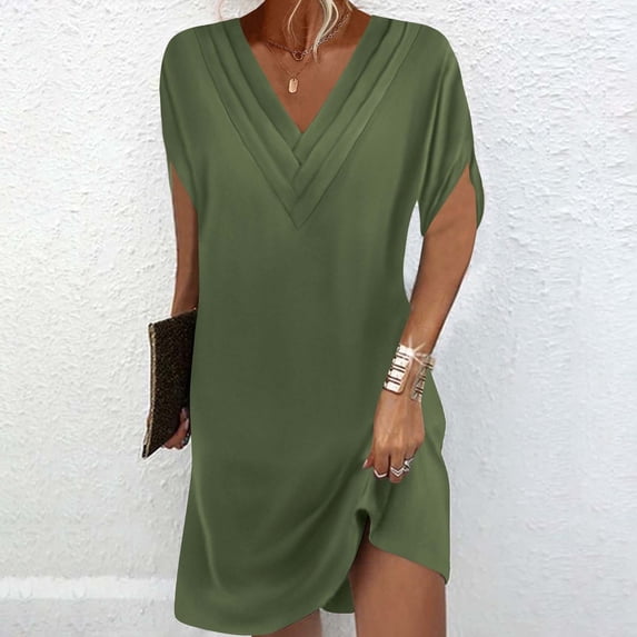 Ayolanni Casual Sundresses for Women Shift V-Neck Midi Solid Color Dress Short Sleeve Going Out Batwing Pleated Comfy Sundress L