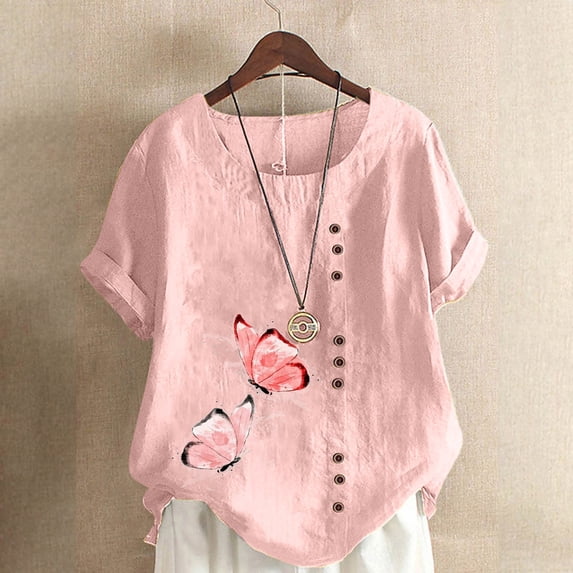 Ayolanni Casual T Shirts for Women Butterfly Print Scoop Neck Cotton Linen Short Sleeve Blouse Plus Size Embroidered Shirts 2026 Vacation Clothes Pink L