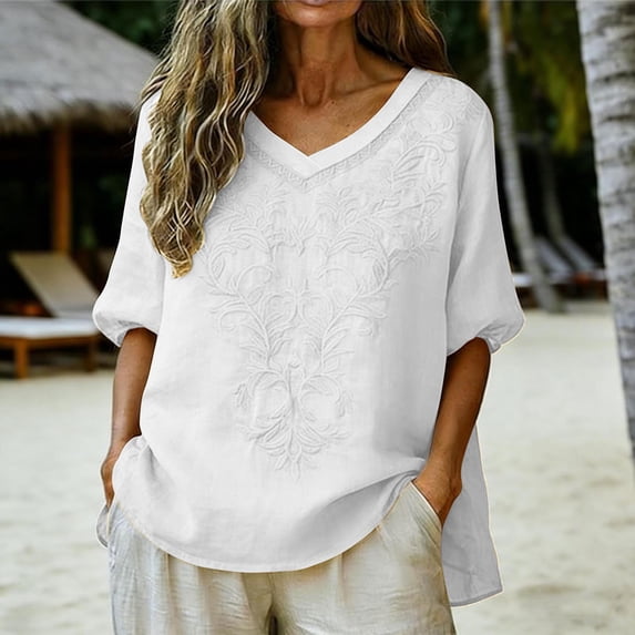 Ayolanni Casual Women's Basic T-Shirts Embroidered Short Sleeve Solid Color V-Neck Blouse Plus Size Vintage Shirts 2026 Summer Tops