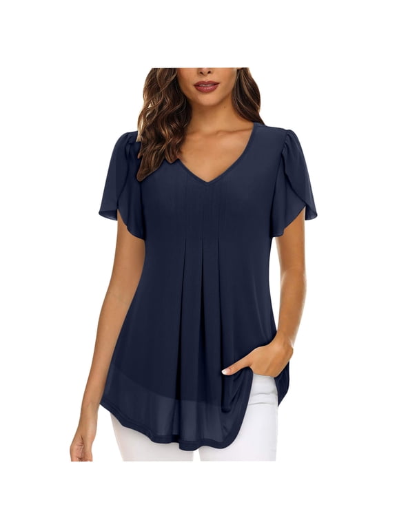 Casual Women's Tops V-Neck Short Sleeve Shirts Flutter Pleated Solid Color Comfortable Loose Tees Womens Versatile Tops