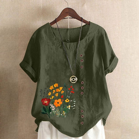 Ayolanni Casual Womens T Shirts Short Sleeve Solid Linen Scoop Neck Blouse Daily Button Down Rolled Plus Size Shirts Womens Spring Tops Green L