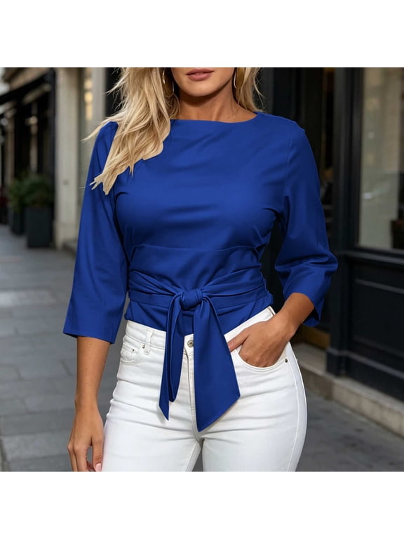 Casual Womens T Shirts Solid 3/4 Sleeve Crew Neck Fitted Waist Blouse Loose Workout T-Shirt Womens Tees Blue M