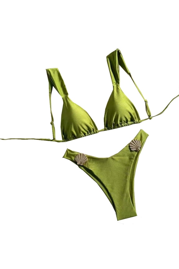 Cheeky Womens Bikini Set Triangle High Cut Green Bandage Comfortable Padded Bikini Sets Women Swimsuits S