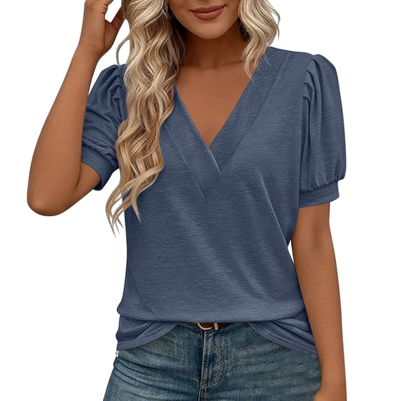 Ayolanni Collarless Basic Tees for Women V-Neck Patchwork Solid Short Sleeve Blouse Dressy Puff Oversized Outdoor Tees Summer Tops for Women 2026 Blue M