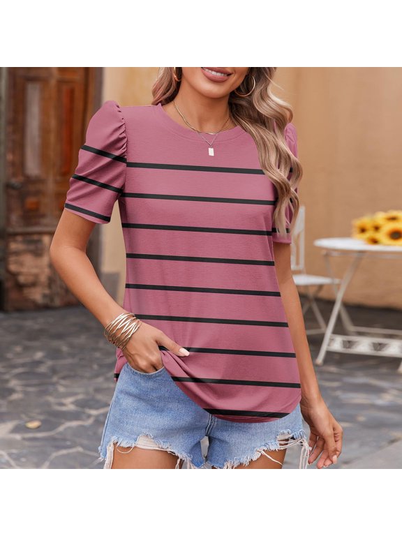 Color Block Striped Shirts for Women Crew Neck Short Sleeve Casual T-Shirts Flutter Loose Dressy Tees Womens Versatile Tops