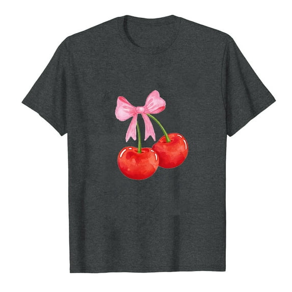 Ayolanni Cotton Layering Tops for Women Gray Short Sleeve Crew Neck Cherry T-Shirts Ladies Blouses L