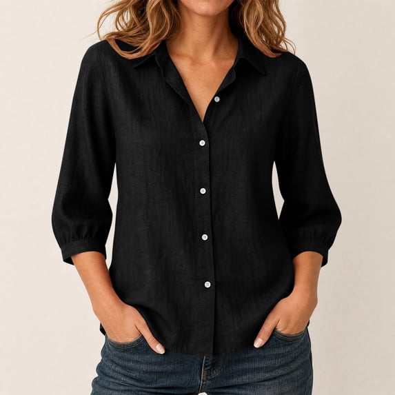 Ayolanni Solid Blouses for Women 3/4 Sleeve V-Neck Cotton Linen Blouse Fitted Formal Collared Shirts Womens Tops Black S