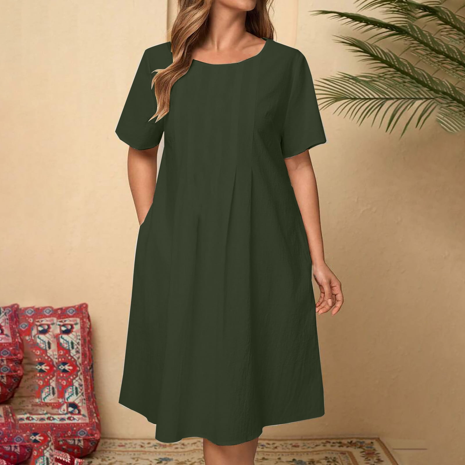 junior cotton dresses Ayolanni Cotton Linen Casual Dresses for Women Under Green Knee-Length Short Sleeve Solid Dresses Junior Dresses L, Women's, Size: