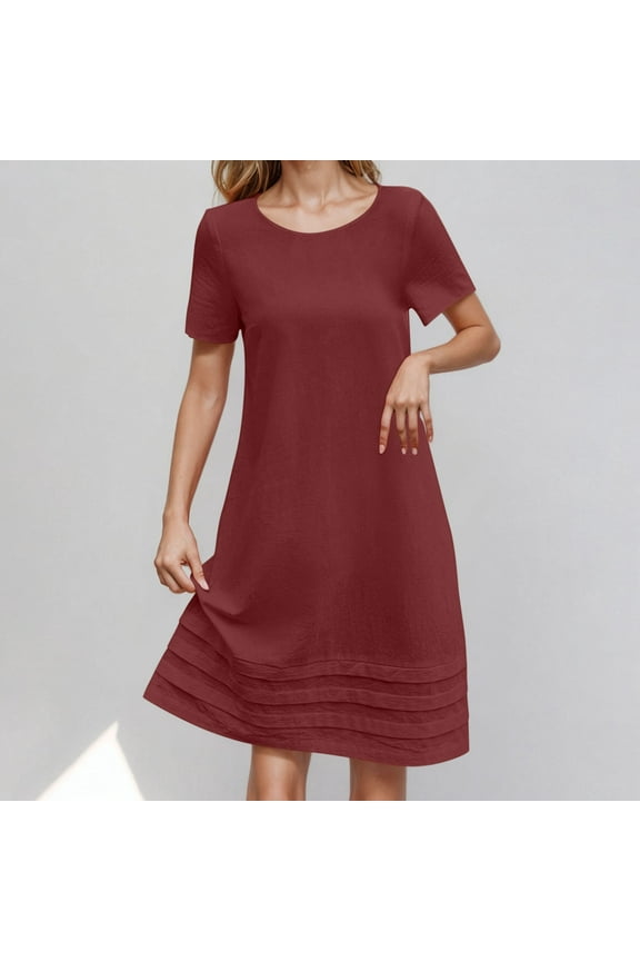Cotton Linen Dresses for Women 2025 Party Loose Red Knee-Length Short Sleeve Solid Dresses Junior Dresses 2x