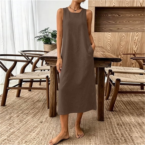 Ayolanni Cotton Linen Dresses for Women 2026 Brown Crew Neck Sleeveless A-Line Maxi Dress Flowy Going Out Solid Work Sundress S