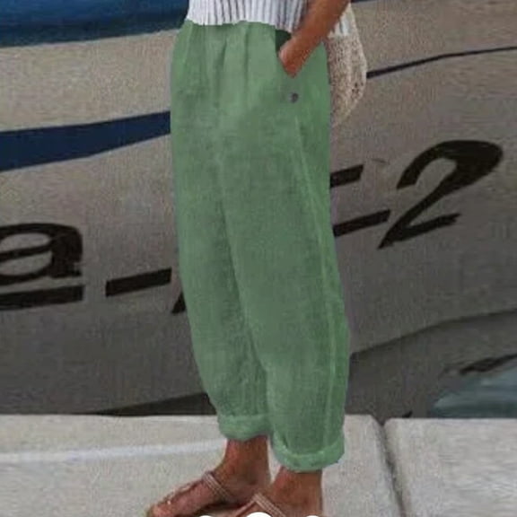 Ayolanni Cotton Linen Lightweight Summer Pants Women Green Slim-Leg High Rise Solid Slacks Womens Pants Petite Capri L
