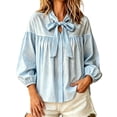 thumbnail image 1 of Ayolanni Cotton Linen T Shirts for Women 3/4 Sleeve Scoop Neck Ruched Solid Blouse Tie Front Ladies Puff Button Down T-Shirt Tops for Women 2026 Blue L, 1 of 5