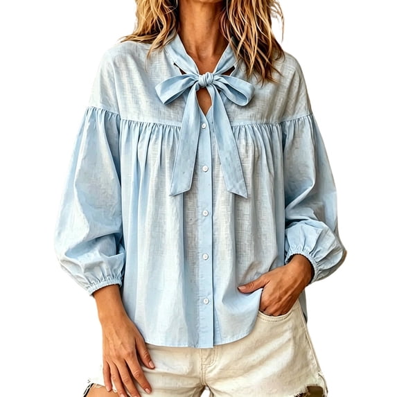 Ayolanni Cotton Linen T Shirts for Women 3/4 Sleeve Scoop Neck Ruched Solid Blouse Tie Front Ladies Puff Button Down T-Shirt Tops for Women 2026 Blue L