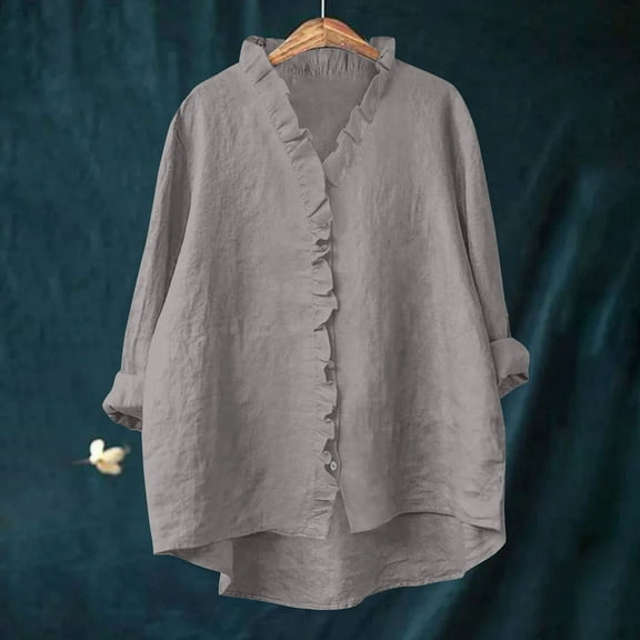 Ayolanni Cotton Linen Women Shirts 5.00 Free Shipping Long Sleeve Gray Baggy Solid Button-up Shirts Shirts for Girls XL