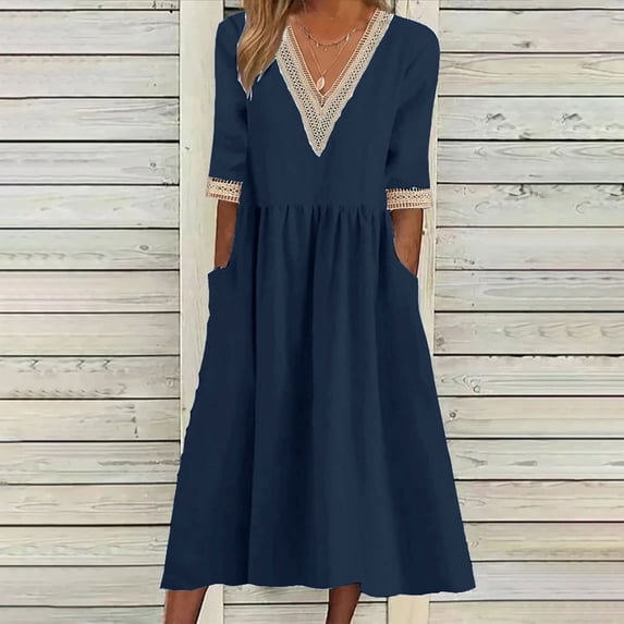 Ayolanni Cotton Linen Women Summer Dresses Solid Elbow-Length V-Neck Lace Maxi A-Line Dress Flowy Beach Daily Sundress with Pockets Blue M