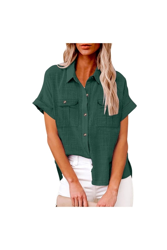 Cotton Linen Womens Basic Shirts V-Neck Short Sleeve Casual Blouse Loose Pocket Design Button Down Tees 2026 Spring Outfits