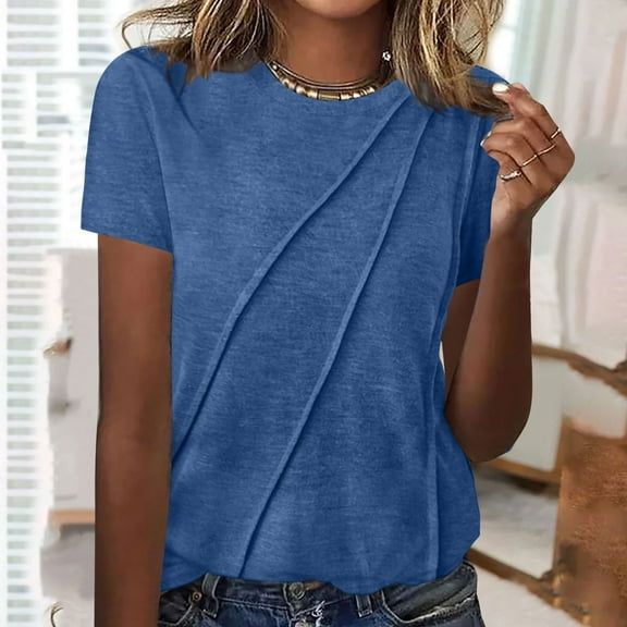 Ayolanni Cotton Plus Size Tops for Women Solid Blue Short Sleeve Pullover Crew Neck T-Shirts Women Shirt L