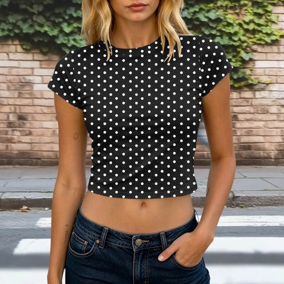 Ayolanni Crew Neck 2026 Summer Tops Boho Polka Dot Print Short Sleeve Blouse Crop Fitted Vacation T-Shirt L