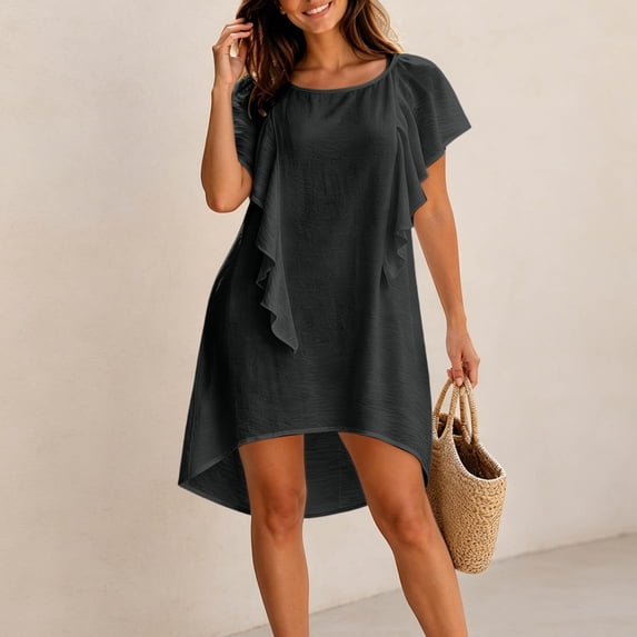 Ayolanni Crew Neck Dresses for Women 2026 Mesh Solid Above Knee Short Flutter Sleeve Midi Shift Dress Beach Holiday Flowy Sundress Black M