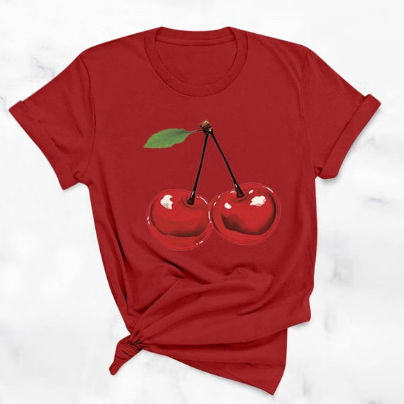 Ayolanni Crew Neck Womens Summer Tops Cherry Print Short Sleeve Cute Blouse Streetwear Going Loose T-Shirt S