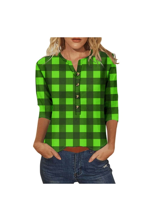 Crew Neck Womens T Shirts 3/4 Sleeve Gingham Print Leisure Blouse Oversized Daily Wear Vacation T-Shirt XXL