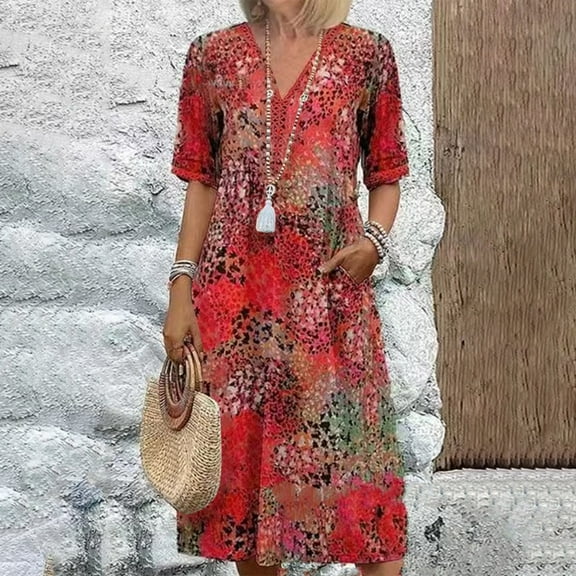 Ayolanni Cute Dresses for Women Below The Knee Red Graphic V-Neck Short Sleeve Vacation Dresses Girl Dresses XL