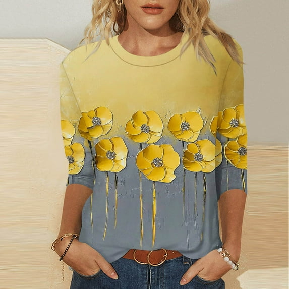 Ayolanni Cute Tops for Women Yellow 3/4 Sleeve Crew Neck Floral Print Blouses Ladies T Shirts L