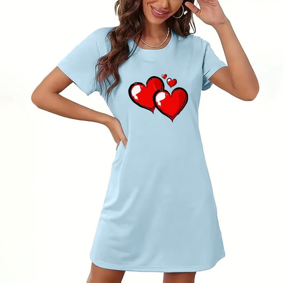 Ayolanni Cute Women's Nightgowns & Sleepshirts Printed Short Sleeve Comfy Night Shirts Sleep Shirts Blue Loose Sleepwear S
