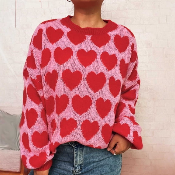 Ayolanni Cute Womens Sweaters Red Valentines Day Long Sleeve Plus Size Heart Winter Cozy Sweaters Ladies Blouses XL
