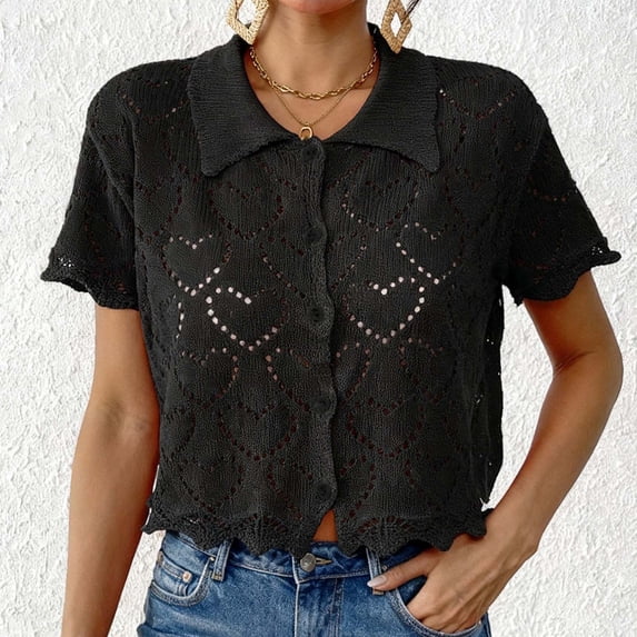 Ayolanni Cutout Blouses for Women Solid Button Down Short Sleeve V-Neck Blouse Crocheted Fitted Breathable Shirts 2026 Summer Clothes Black L