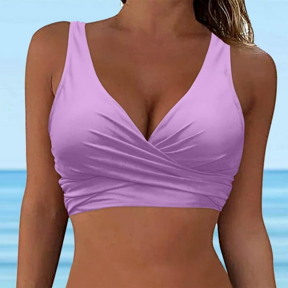 Ayolanni Deep V-Neck Women Plus Size Tankini Cross-Back Purple Wetsuit Solid Bikini Tops Juniors Juniors Swimwear XL