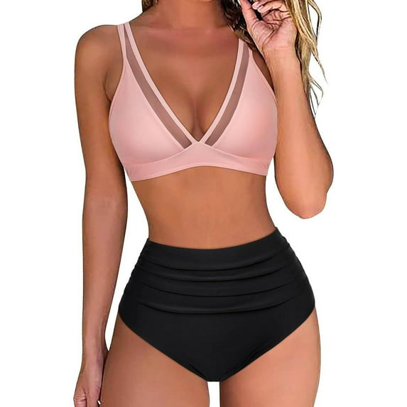 Ayolanni Deep V-Neck Women Swimsuits for 2024 Pink Cheeky Separates Solid Bikini Swimwear for Girls M