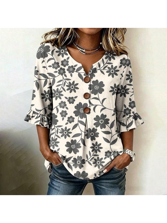 Ditsy Floral Womens Blouses V-Neck Henley 3/4 Sleeve Button Down Blouse Going Out Basic Loose Flutter Shirts Women's Tops, Tees & Blouses Multicolor L