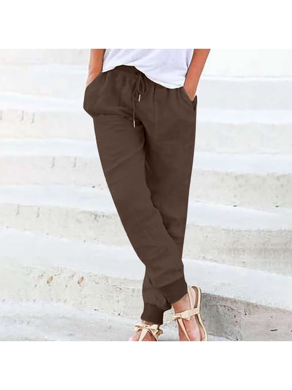 Drawstring Womens Pants Elastic Waist Solid Cotton Linen Jogger Pants Stretch Ribbed Pants with Pockets Brown XXL