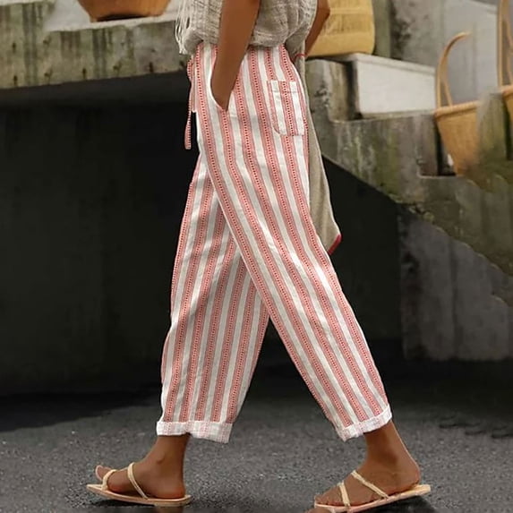 Ayolanni Drawstring Womens Pants Straight Leg Casual Striped Side Elastic Pants Ladies Daily Pants with Pockets Red S