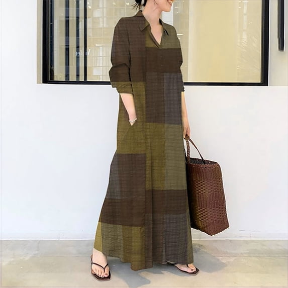 Ayolanni Dresses for Women 2026 Formal Long Sleeve V Neck A-Line Maxi Dresses Plaid Work Plus Size Flowy Long Dress Brown XXL