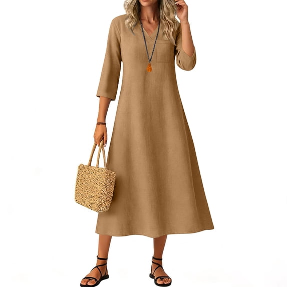 Ayolanni Dresses for Women 3/4 Sleeve V-Neck Solid A-Line Maxi Dress Elegant Cotton Holiday Work Long Dress Yellow XXL