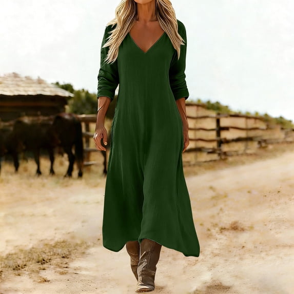 Ayolanni Dresses for Women Beach Long Sleeve V Neck A-Line Maxi Dresses Solid Pleated Casual Flowy Long Dress Green L