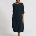 thumbnail image 1 of Ayolanni Dresses for Women Comfy Crew Neck Solid 3/4 Sleeve Maxi A-Line Dress Outdoor Loose Cotton Linen Knee Length Flowy Sundress Blue L, 1 of 8