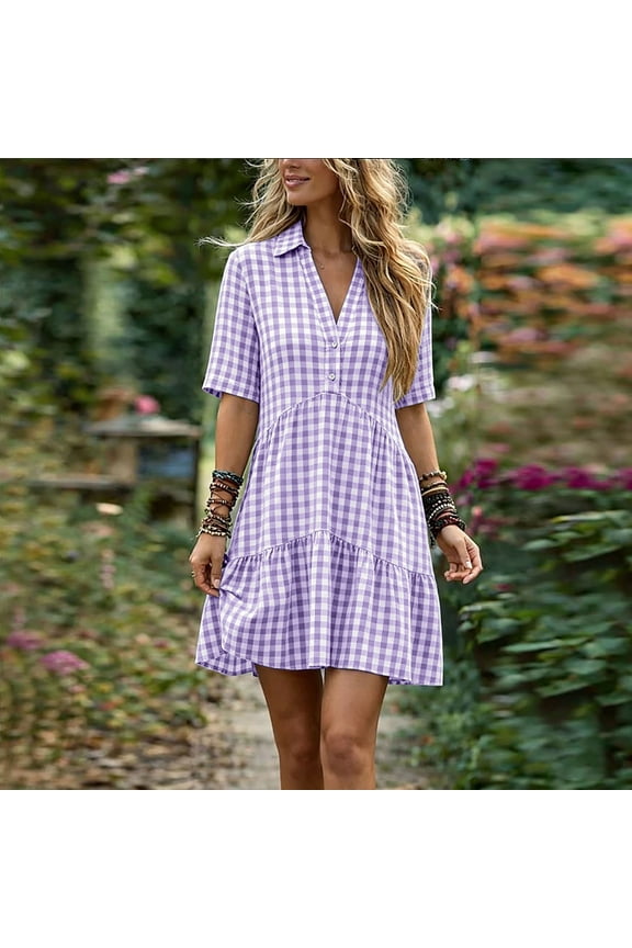 Dresses for Women V Neck Short Sleeve Plaid A-Line Midi Dress Preppy Vacation Beach Cotton Linen Dress Purple L