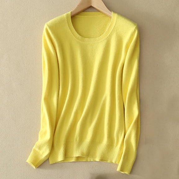 Ayolanni Dressy Womens Tops Yellow Knitted Long Sleeve Crewneck Solid Loose Sweaters Womens T Shirt L