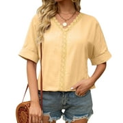 Ayolanni Elbow-Length Womens Top V-Neck Yellow Tshirts Solid Blouse Tops Size L