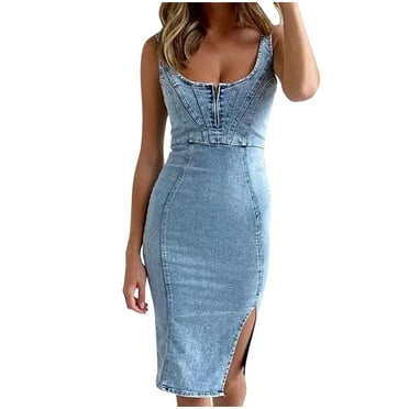 Ayolanni Elegant Dresses for Women Blue Knee-Length Bodycon Solid Zip Neck Sleeveless Denim Dresses Ladies Dresses L