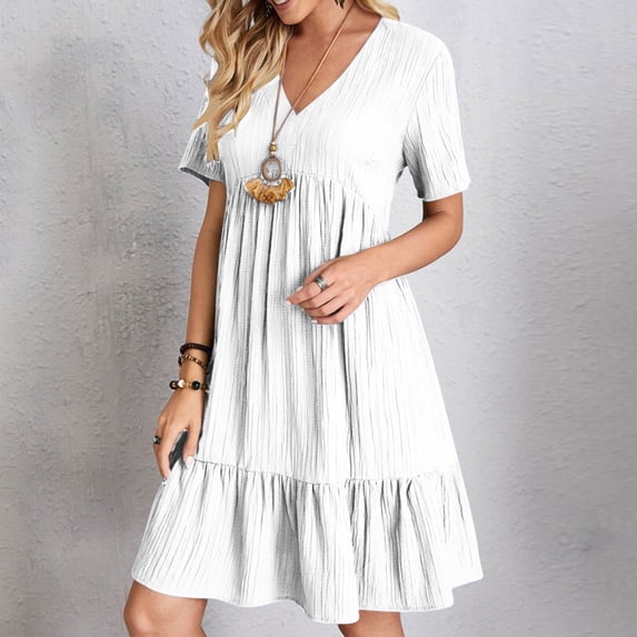 Ayolanni Elegant Women Summer Dresses Short Sleeve V-Neck Solid Midi A-Line Dress Vacation Ruffle Beach Flowy Pleated Sundress White XXXL