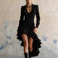 thumbnail image 1 of Ayolanni Embroidered Fall Dresses V-Neck Ruffled Hem Long Sleeve Solid Maxi A-Line Dress Boho Party Elegant Sundress Black L, 1 of 5