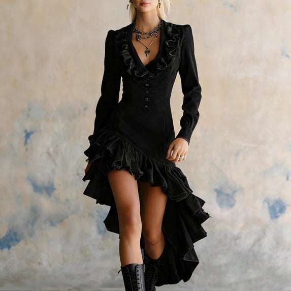 Ayolanni Embroidered Fall Dresses V-Neck Ruffled Hem Long Sleeve Solid Maxi A-Line Dress Boho Party Elegant Sundress Black L