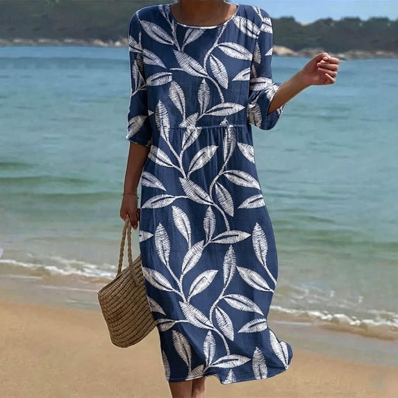 Ayolanni Fall Dresses Crew Neck Floral 3/4 Sleeve A-Line Maxi Dress Beach Flowy Pleated Boho Long Dress Blue S